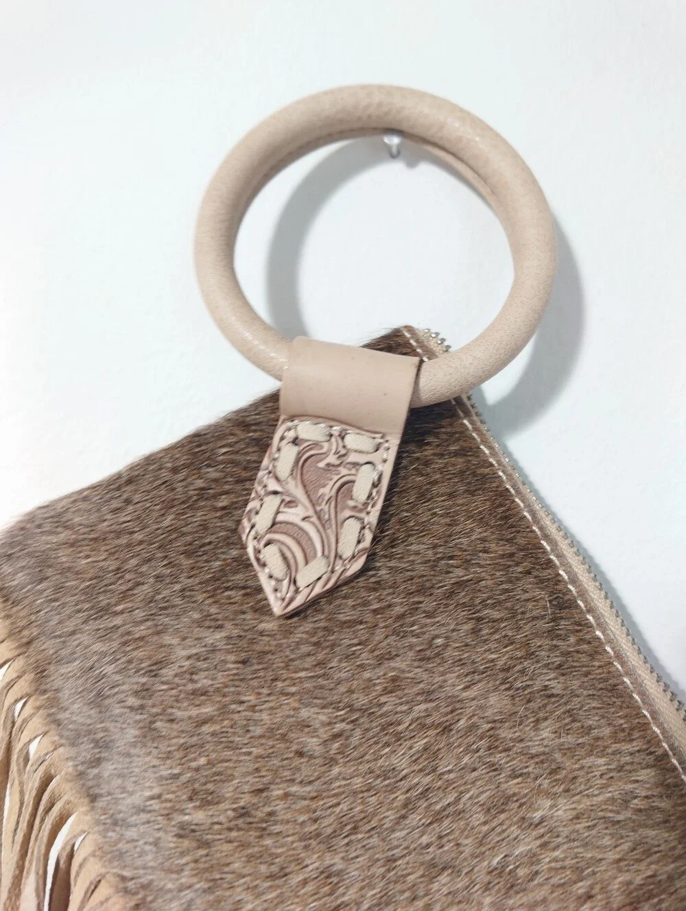 Trinity Ranch Western Hair-On Hide Fringe Ring Handle Clutch Bag